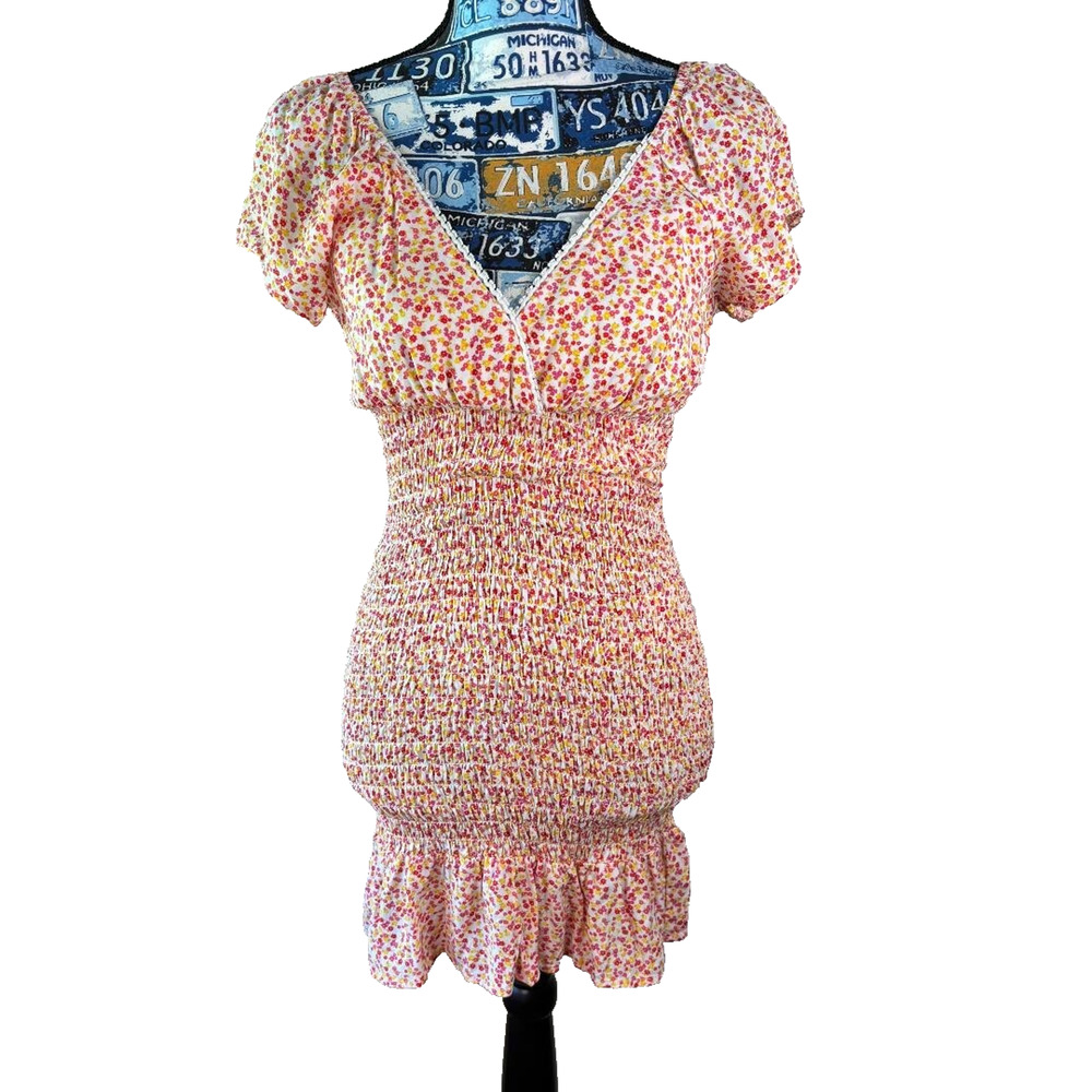 No Boundries Pink/Yellow/White Floral Smocked‎ Short Sleeve Dress Size M
